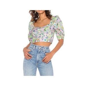 For Love & Lemons Revolve Jardine Crop Top in Lime  Floral Retro L Puff Sleeve